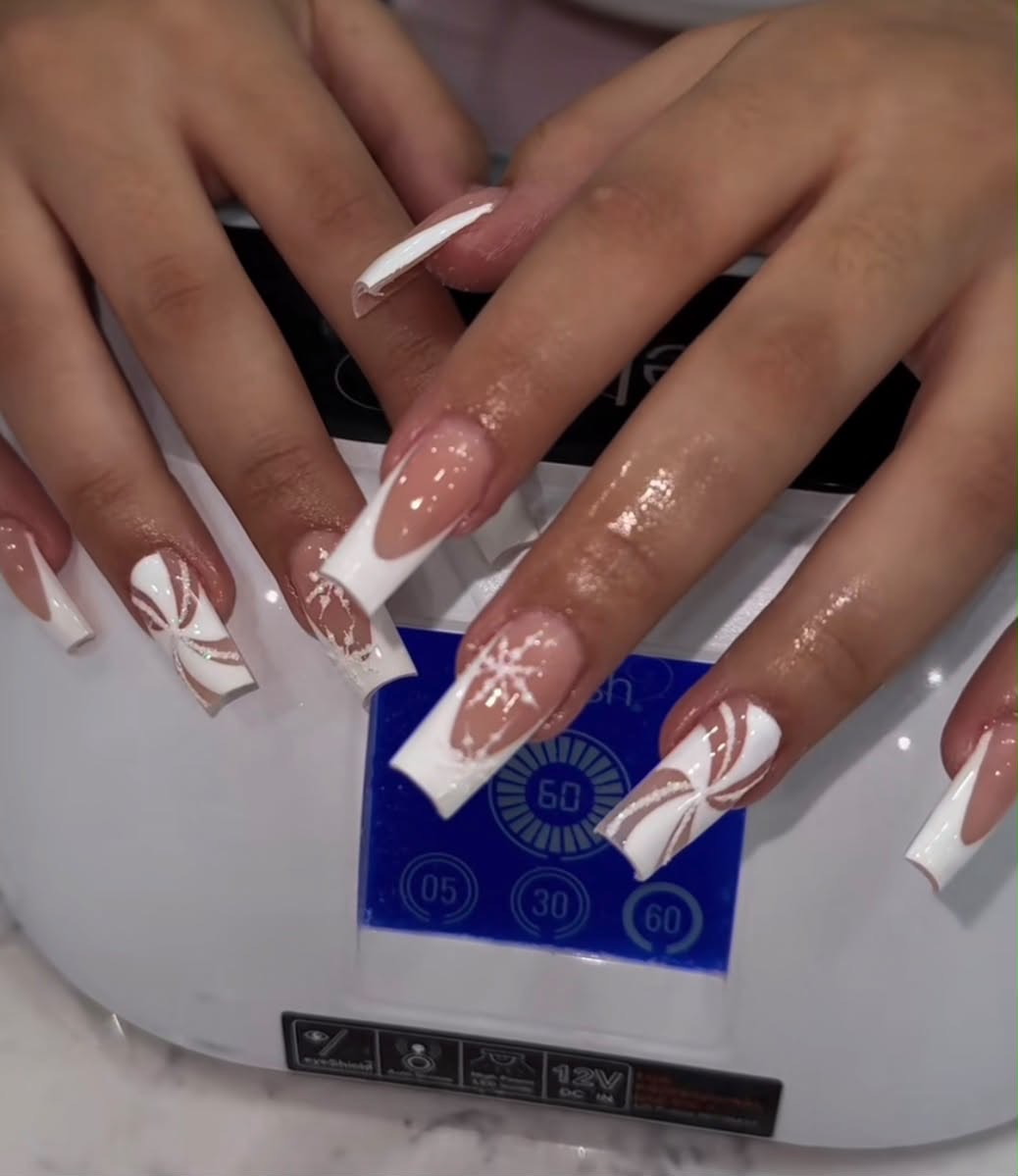 Real nude acrylic nails with sculpted white swirl art